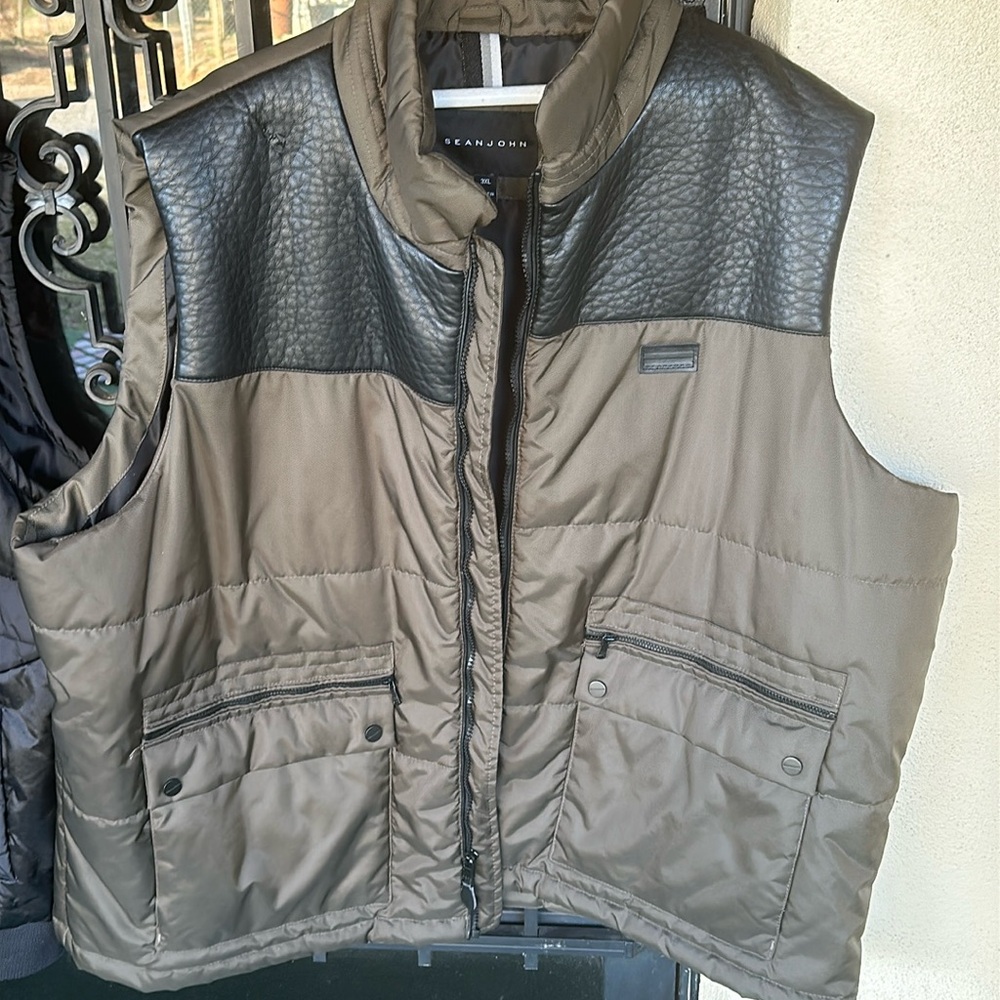 Sean John OLIVE Men's Oxford Vest with Faux Leather Yoke SZ 3XL